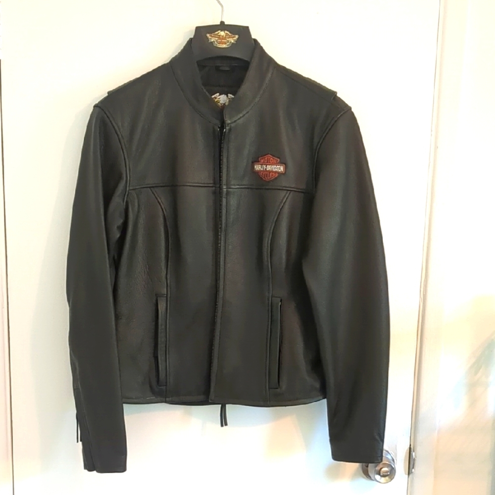 Women's Harley-Davidson Black Leather Bomber Jacket with Stand-Up Collar.